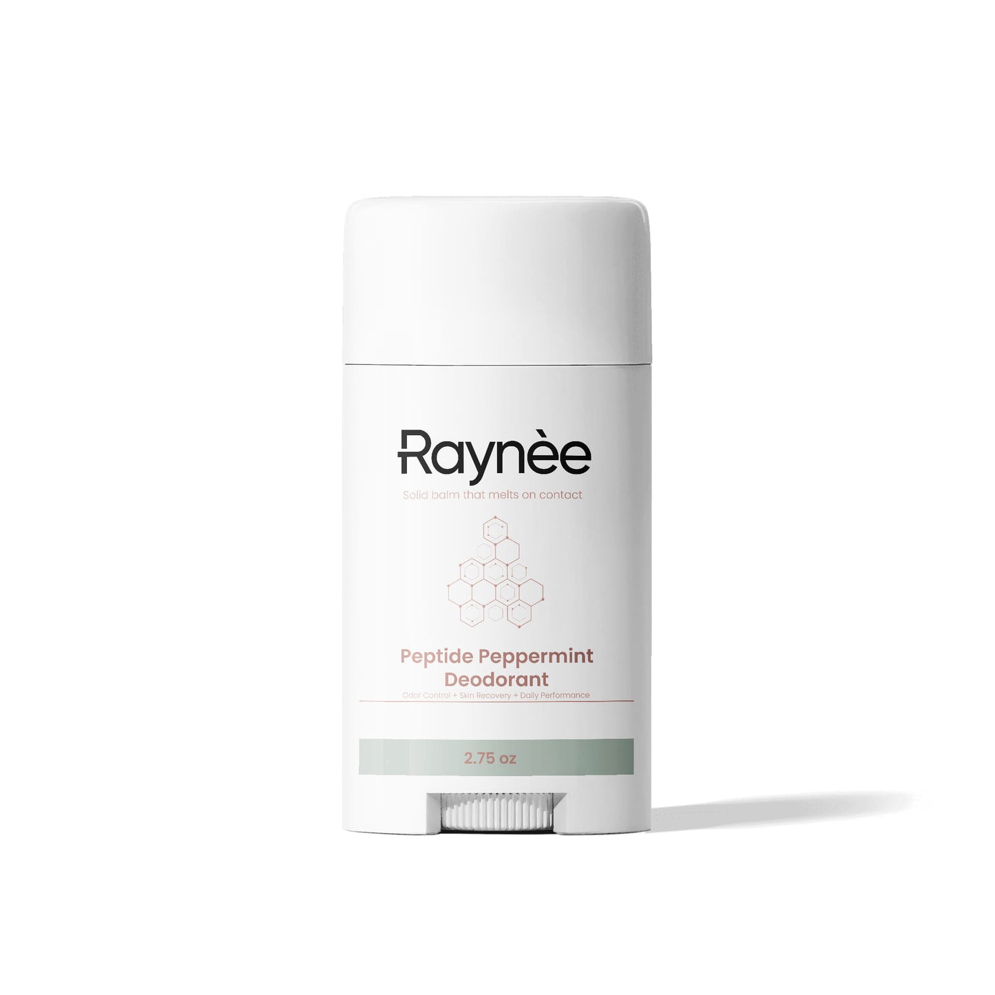 White deodorant container with twist mechanism on the bottom. Product name Raynèe. Labeled peptide peppermint deodorant
