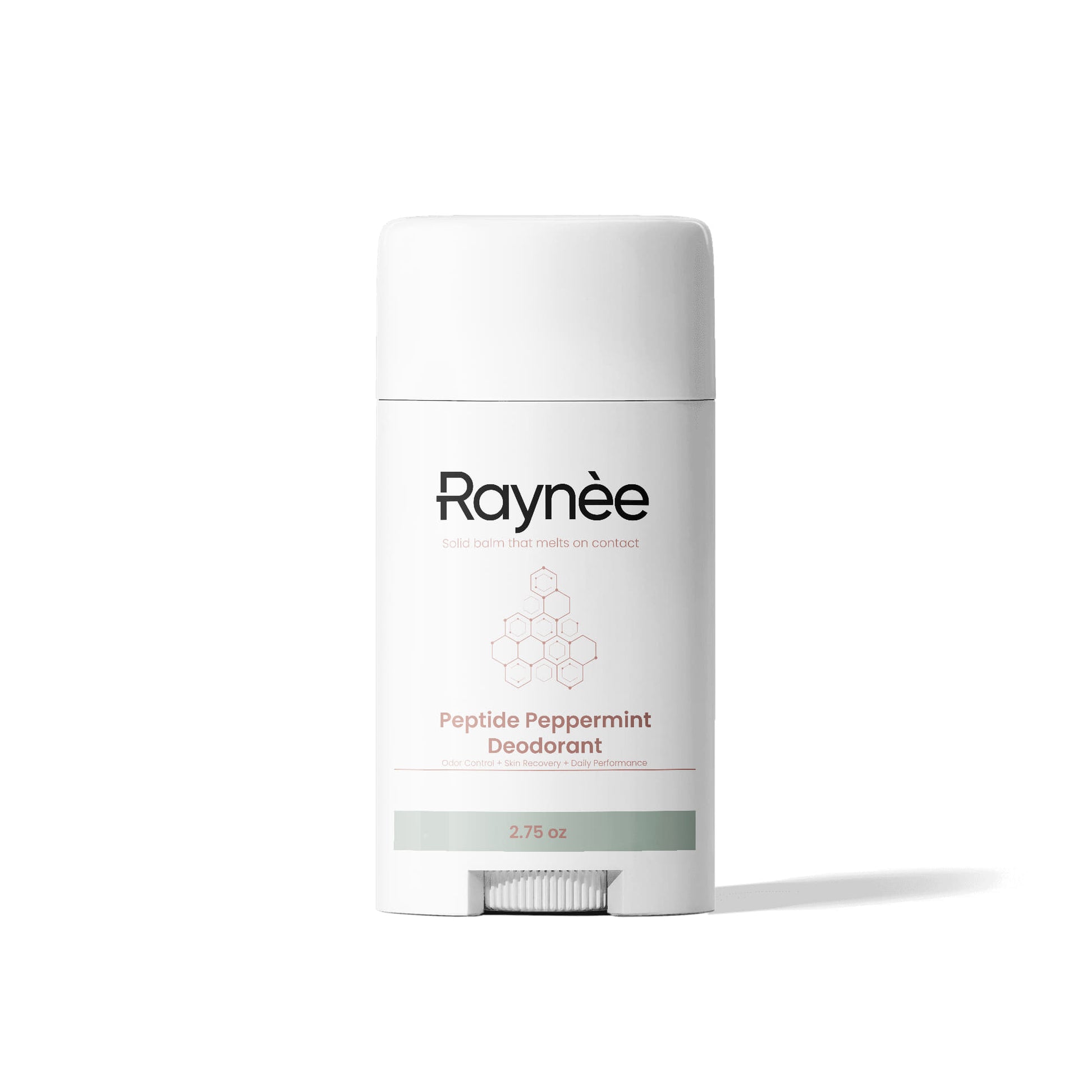 White deodorant container with twist mechanism on the bottom. Product name Raynèe. Labeled peptide peppermint deodorant