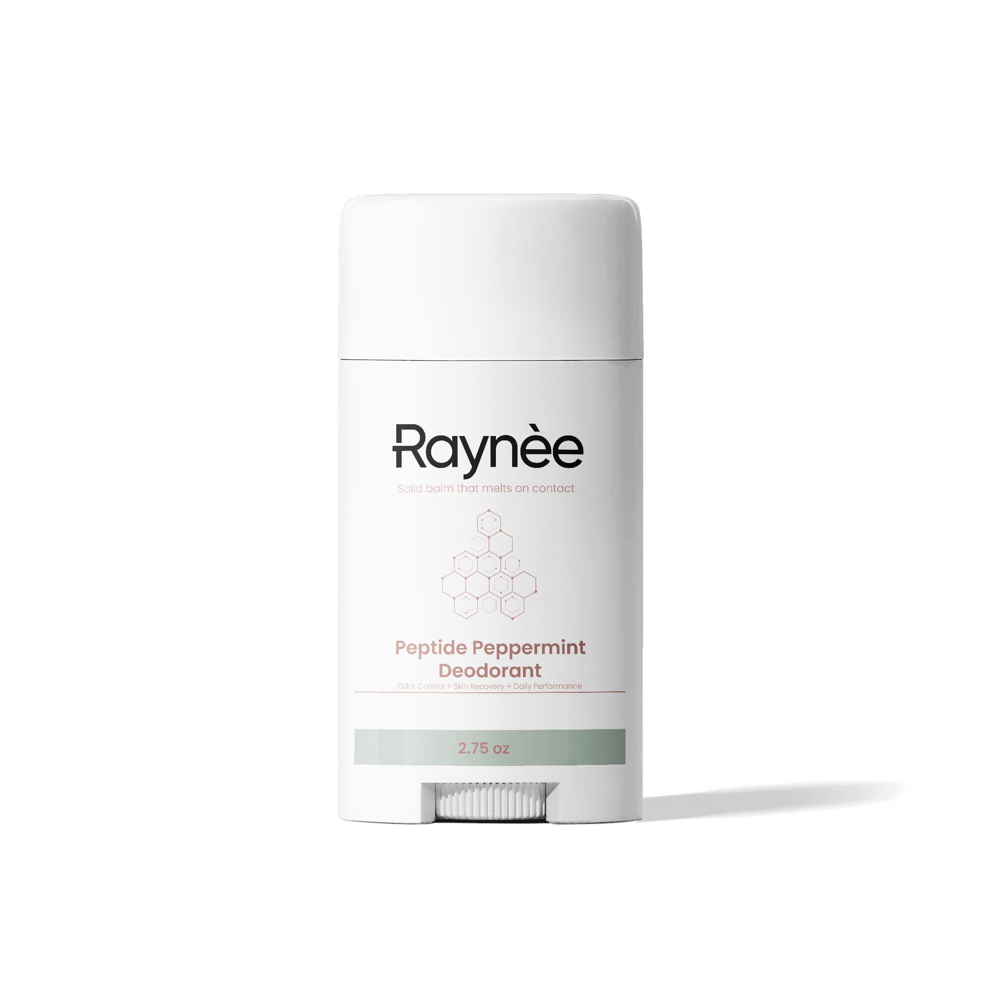 White deodorant container with twist mechanism on the bottom. Product name Raynèe. Labeled peptide peppermint deodorant
