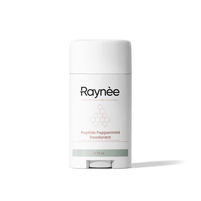 White deodorant container with twist mechanism on the bottom. Product name Raynèe. Labeled peptide peppermint deodorant